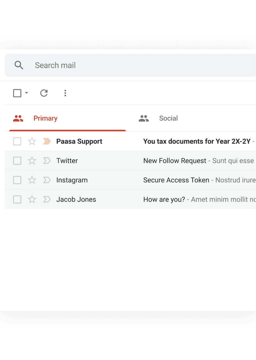 Inbox view with Paasa Support email containing tax documents