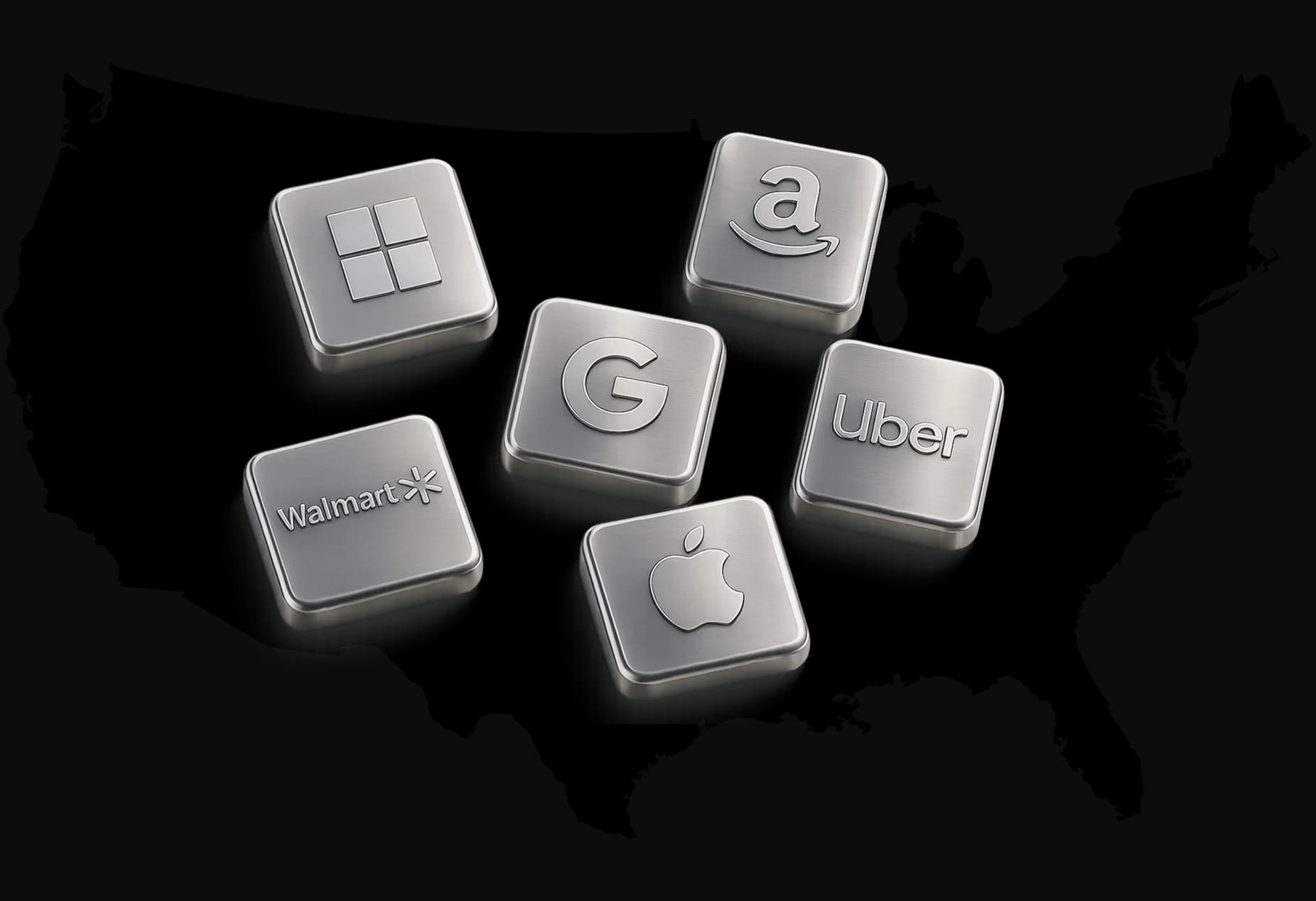 US-listed company logos on metallic tiles — RSU and concentrated US equity exposure