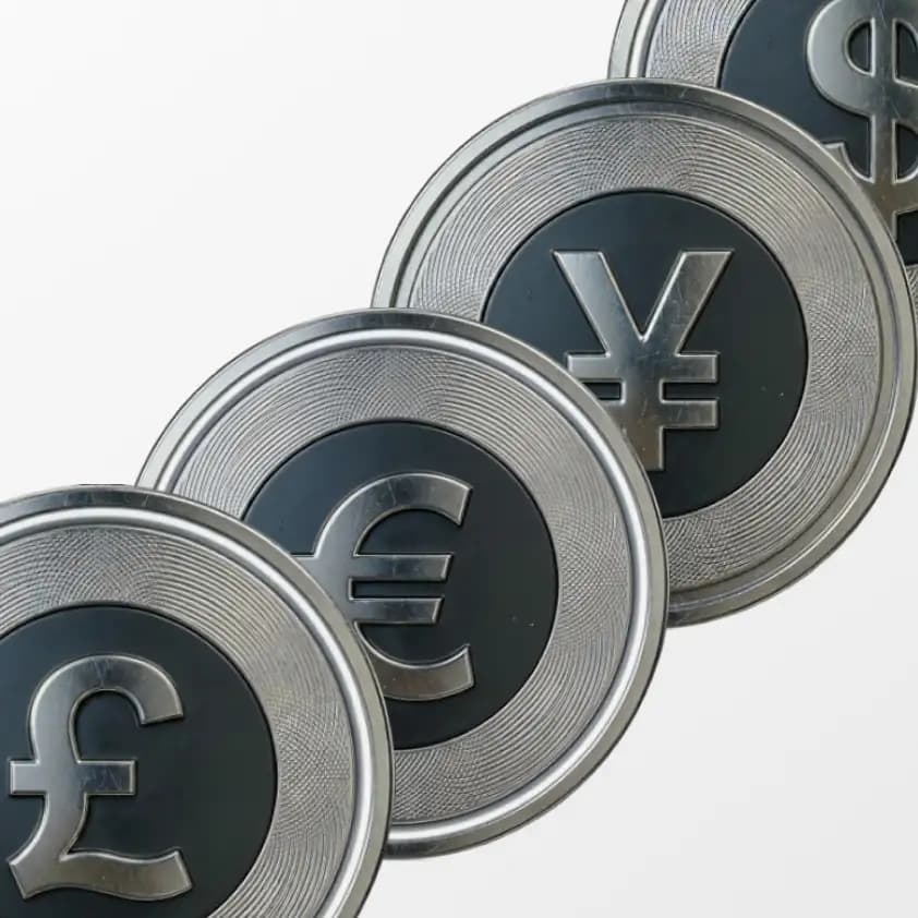Sterling, euro, yen, and dollar coins — multi-currency investing