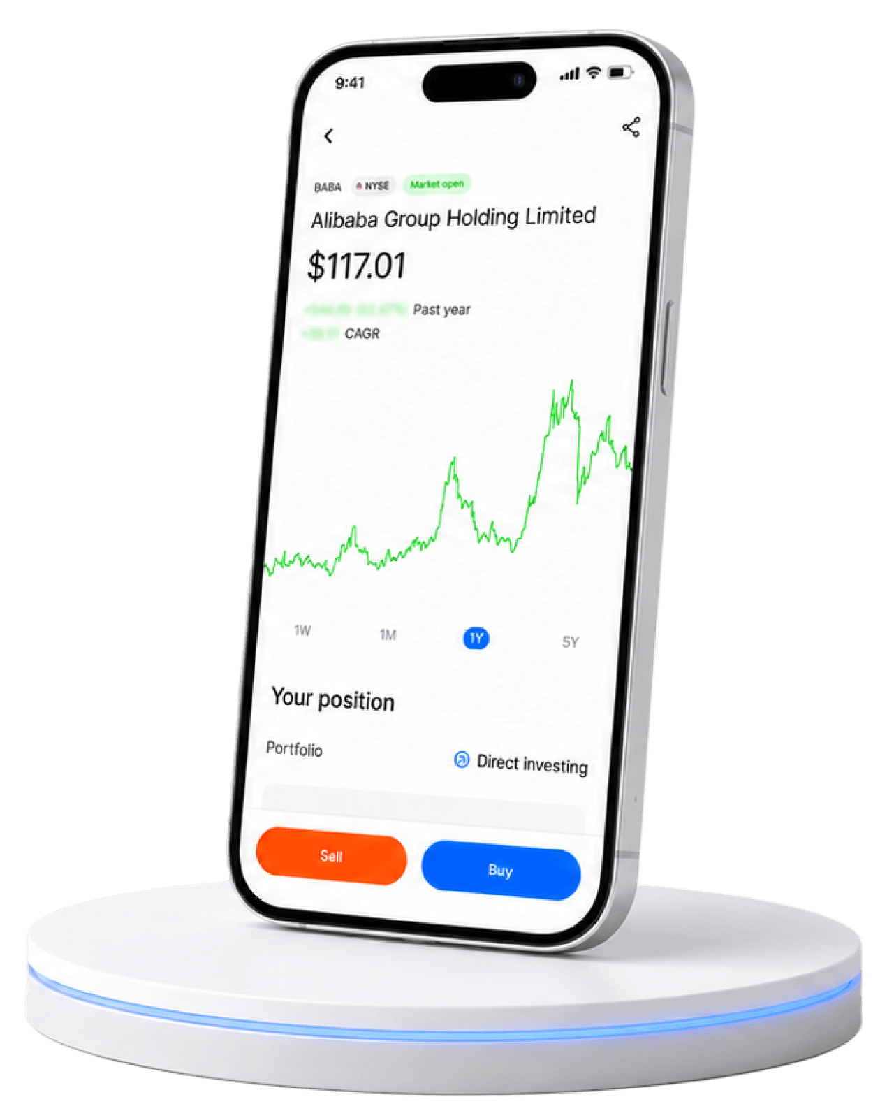 Paasa app showing a stock position, on a phone resting on a pedestal