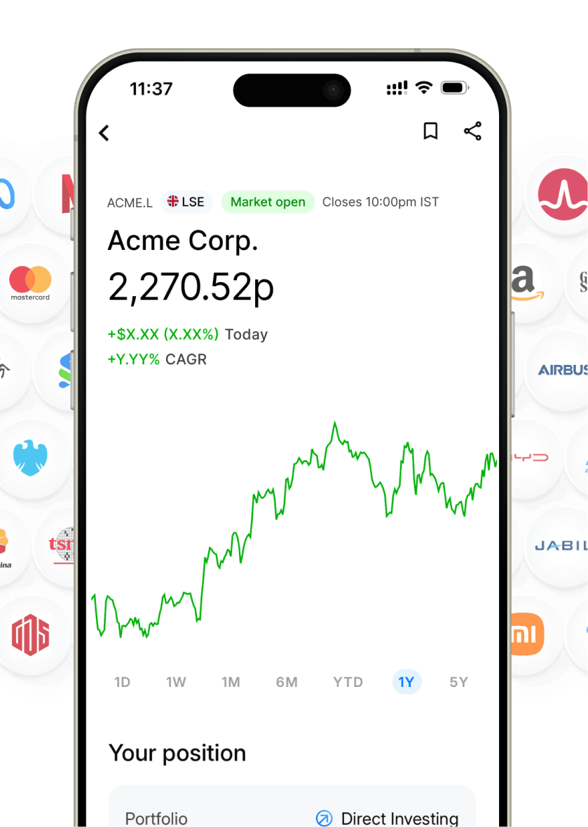 Mobile app showing portfolio and stock detail — transactions tracked as you invest