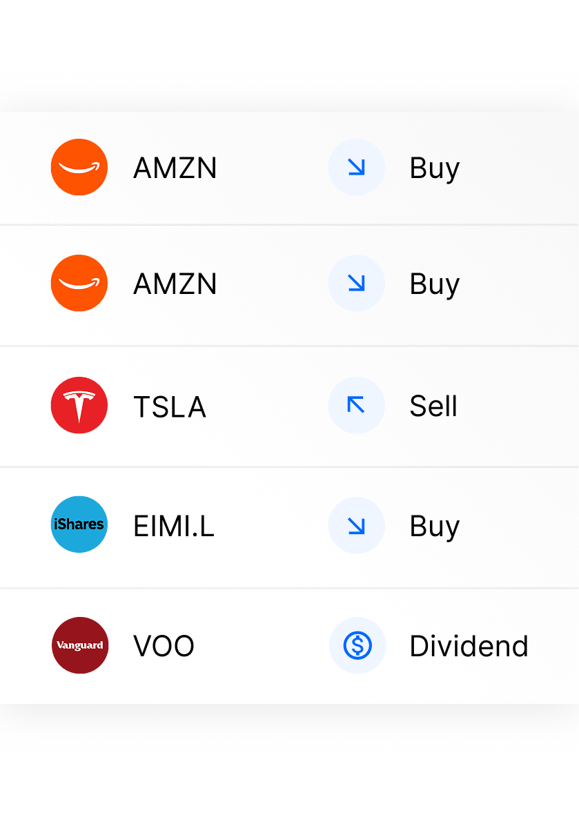 Activity list showing buys, sells, and dividends across holdings