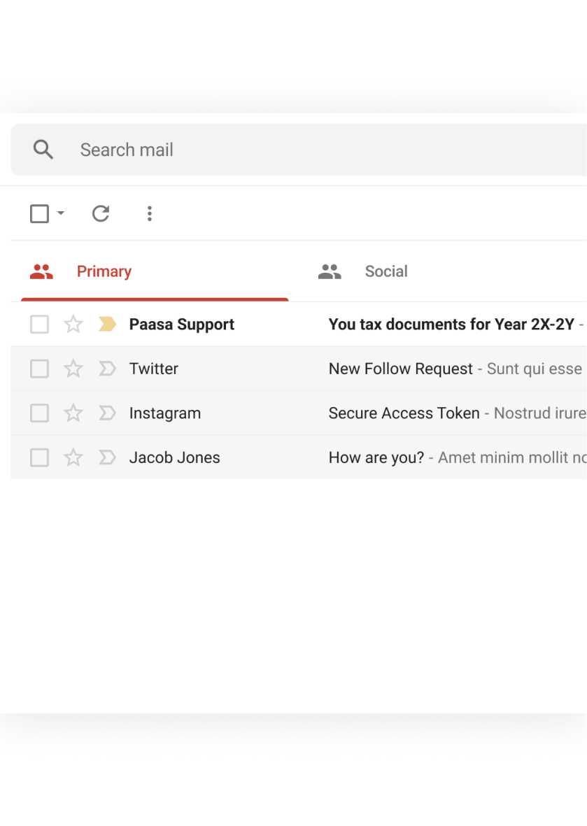 Inbox view with Paasa Support email containing tax documents